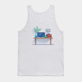 Table, Laptop, Cup, Bowl, Leaf, Vas, Picture And workbag Cartoon Tank Top